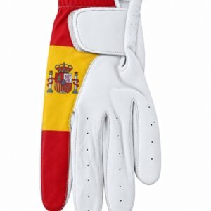 Guante de golf CABRETTA Spain Edition de cuero blanco con bandera y escudo de España.